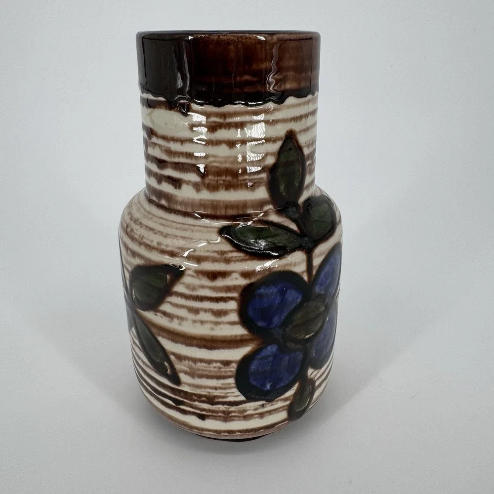 Mid Century Modern Vase Austria Blue Floral Terracotta Glaze Vintage Bohemian‎